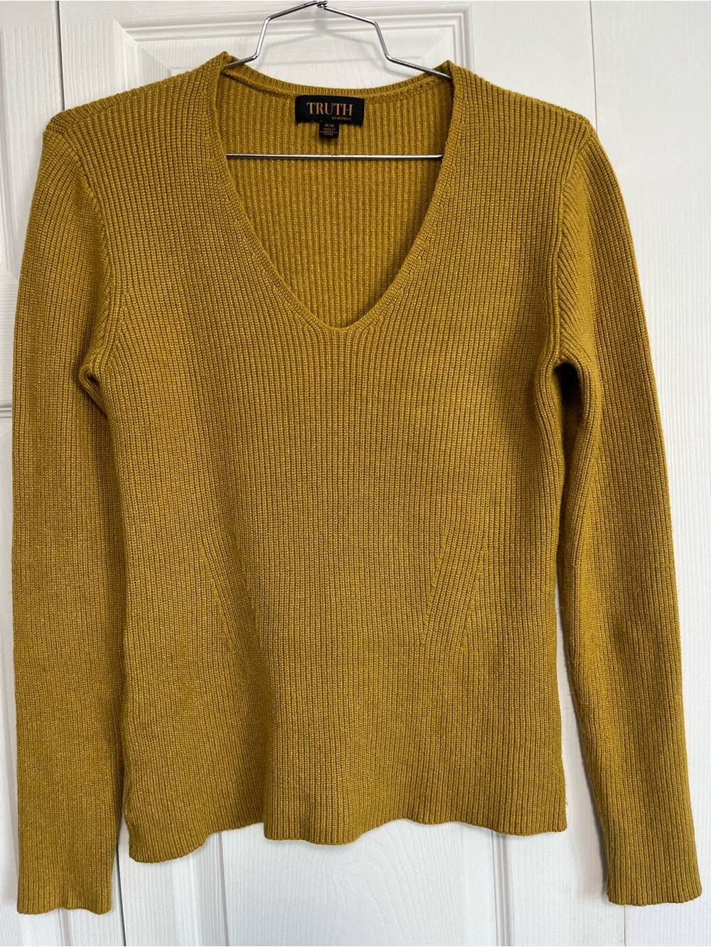 TRUTH Women's V-Neck Ribbed Sweater - Mustard